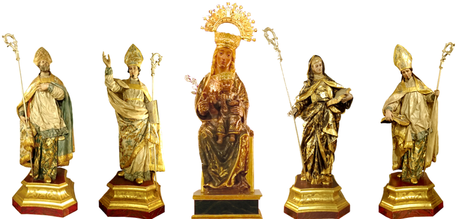 Las cinco tallas: San Leandro, San Fulgencio, la Santísima Virgen del Rosell, Santa Florentina y San Isidoro